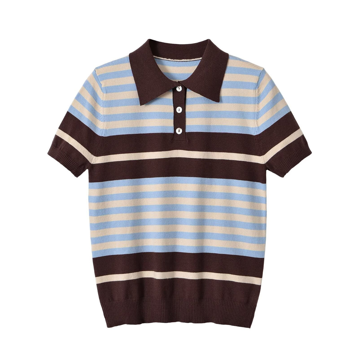Contrast Color Stripe Pique Short Sleeve Knit Top with Collar