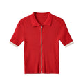 Zipper lapel contrasting cuffs knit sweater for women