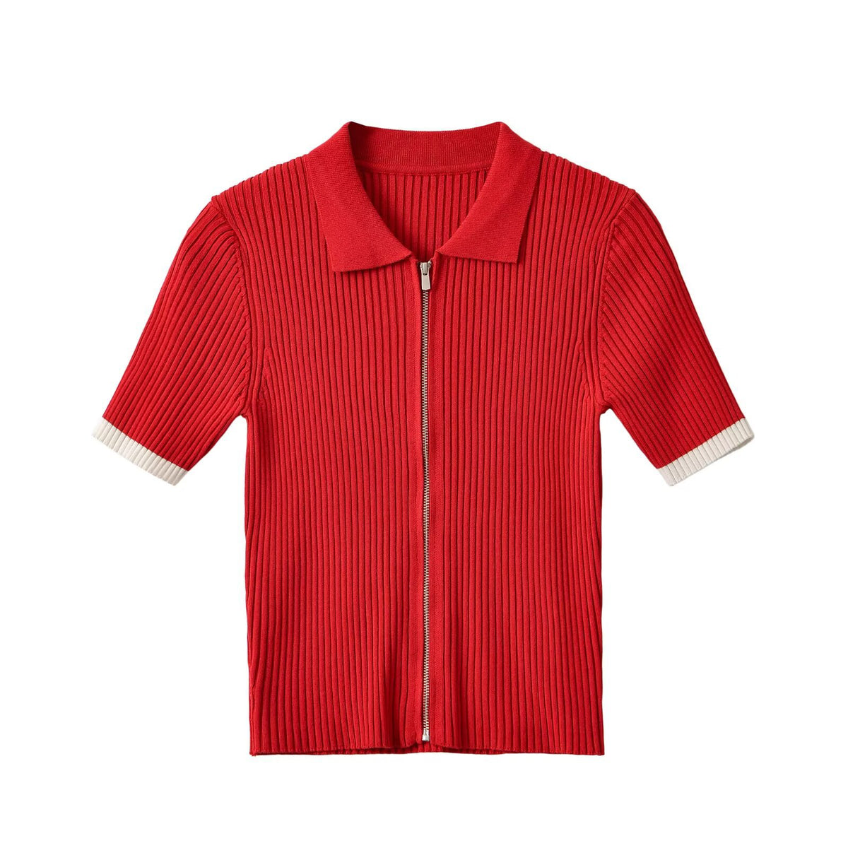 Zipper lapel contrasting cuffs knit sweater for women