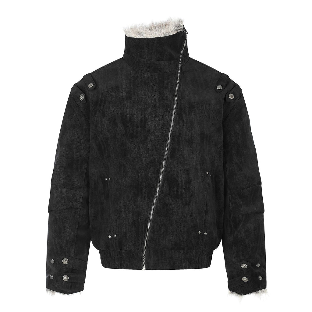 Workwear Faux Suede Diagonal Zipper Large Fur Collar Padded Winter Jacket