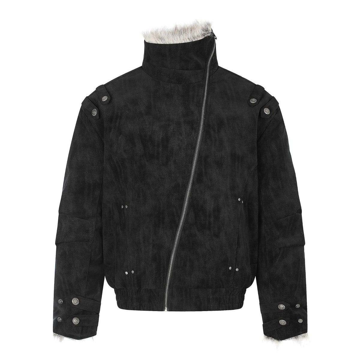 Workwear Faux Suede Diagonal Zipper Large Fur Collar Padded Winter Jacket