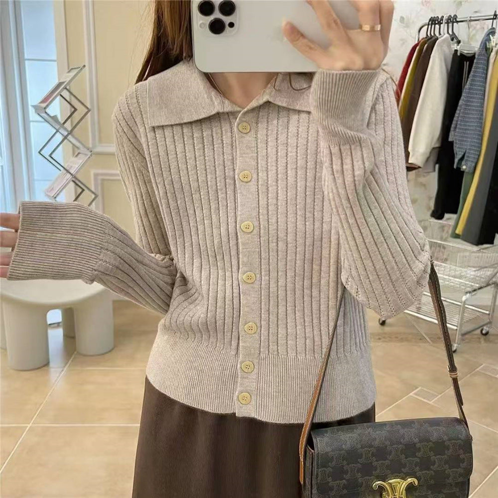 Polo collar solid color cardigan sweater for women