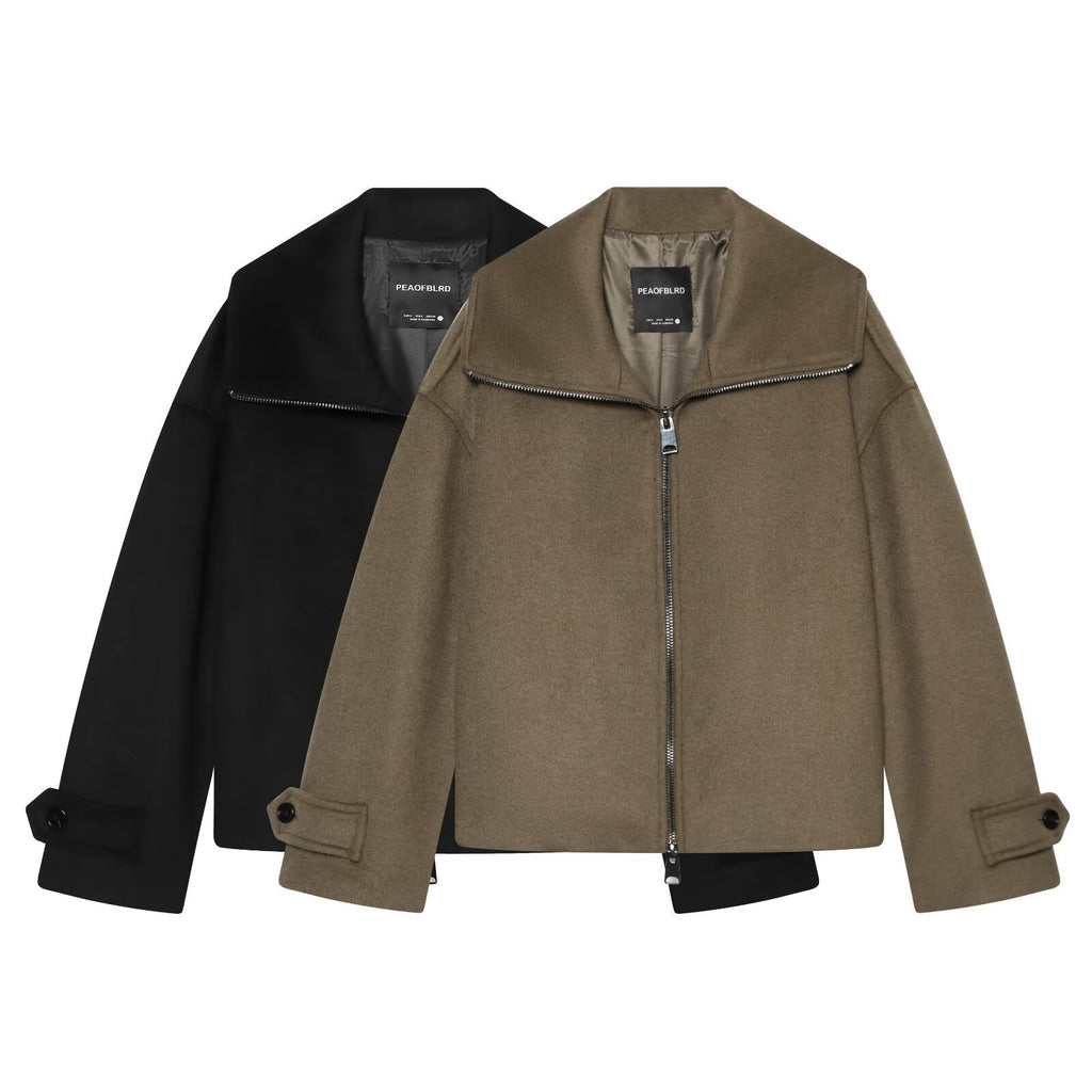Casual style lapel long sleeved straight tube short zipper jacket