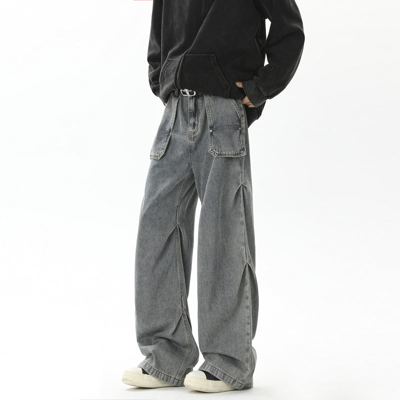 Retro pleated washed denim jeans for men