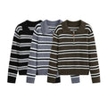 Slim zipper decoration POLO collar striped knit sweater for women