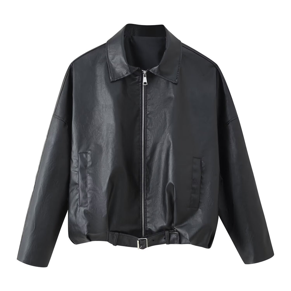 Leather jacket waist belt long sleeved jacket