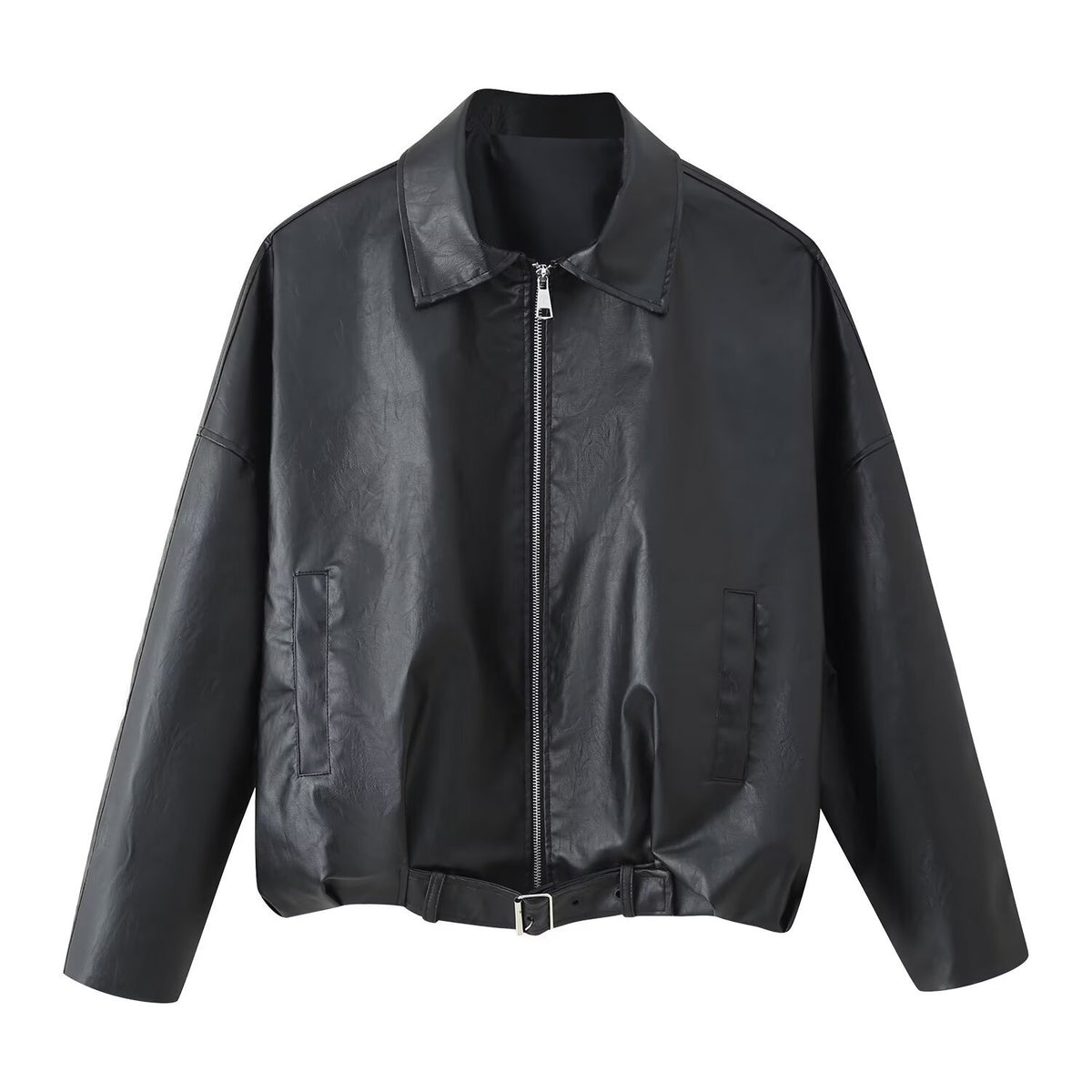 Leather jacket waist belt long sleeved jacket