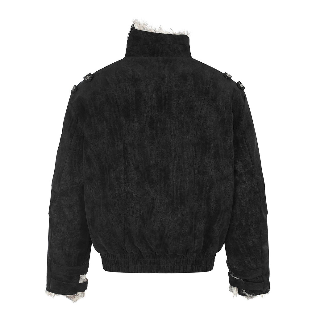 Workwear Faux Suede Diagonal Zipper Large Fur Collar Padded Winter Jacket