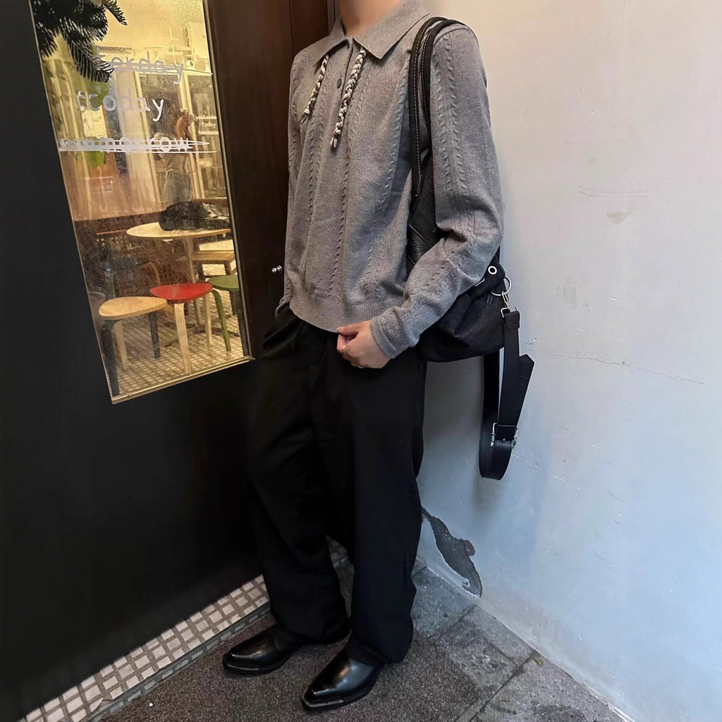 Casual Long Sleeve Polo Collar Pullover Knit Sweater for Men
