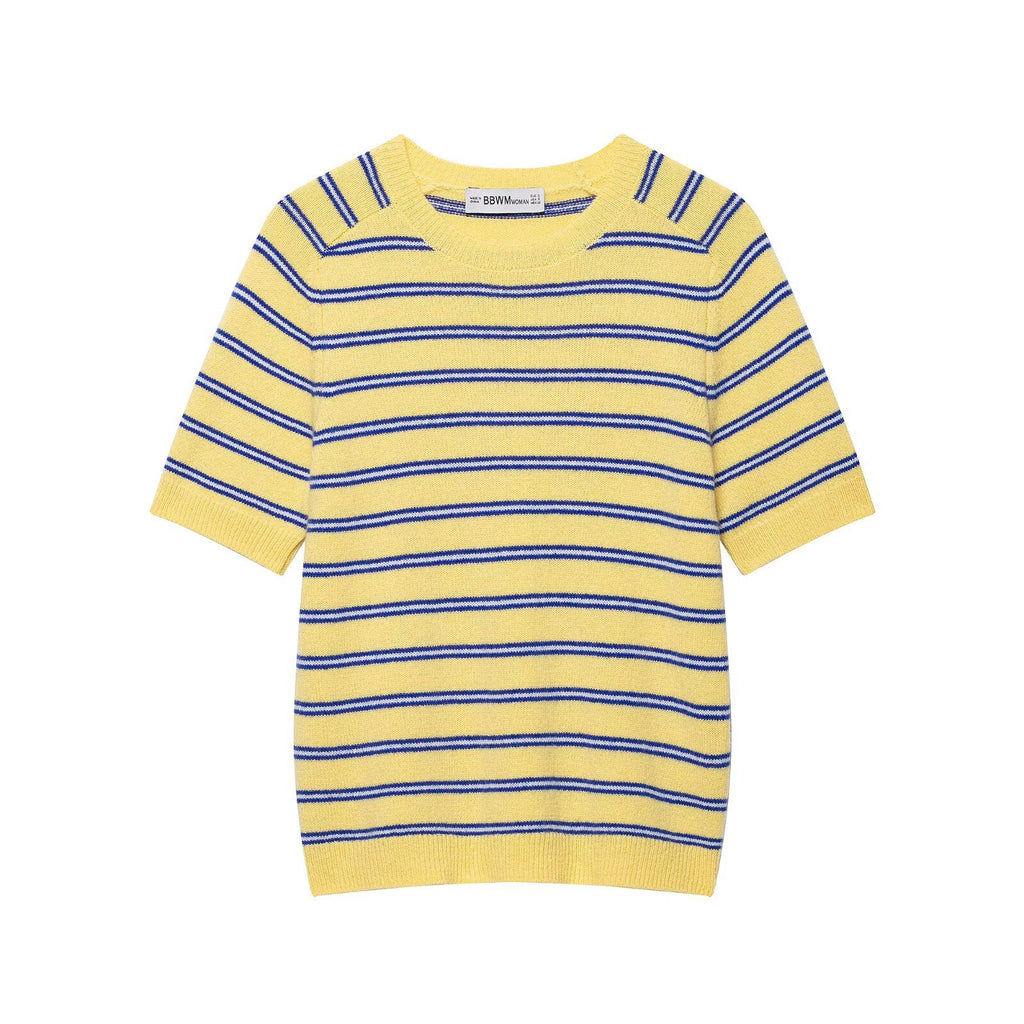 Short sleeved round neck striped knitted sweater for women