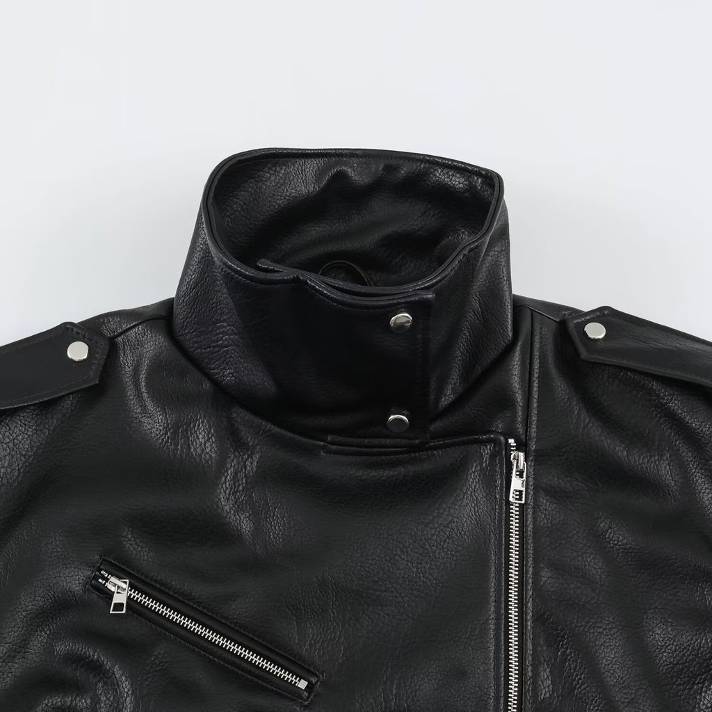 Leather motorcycle jacket with waistband