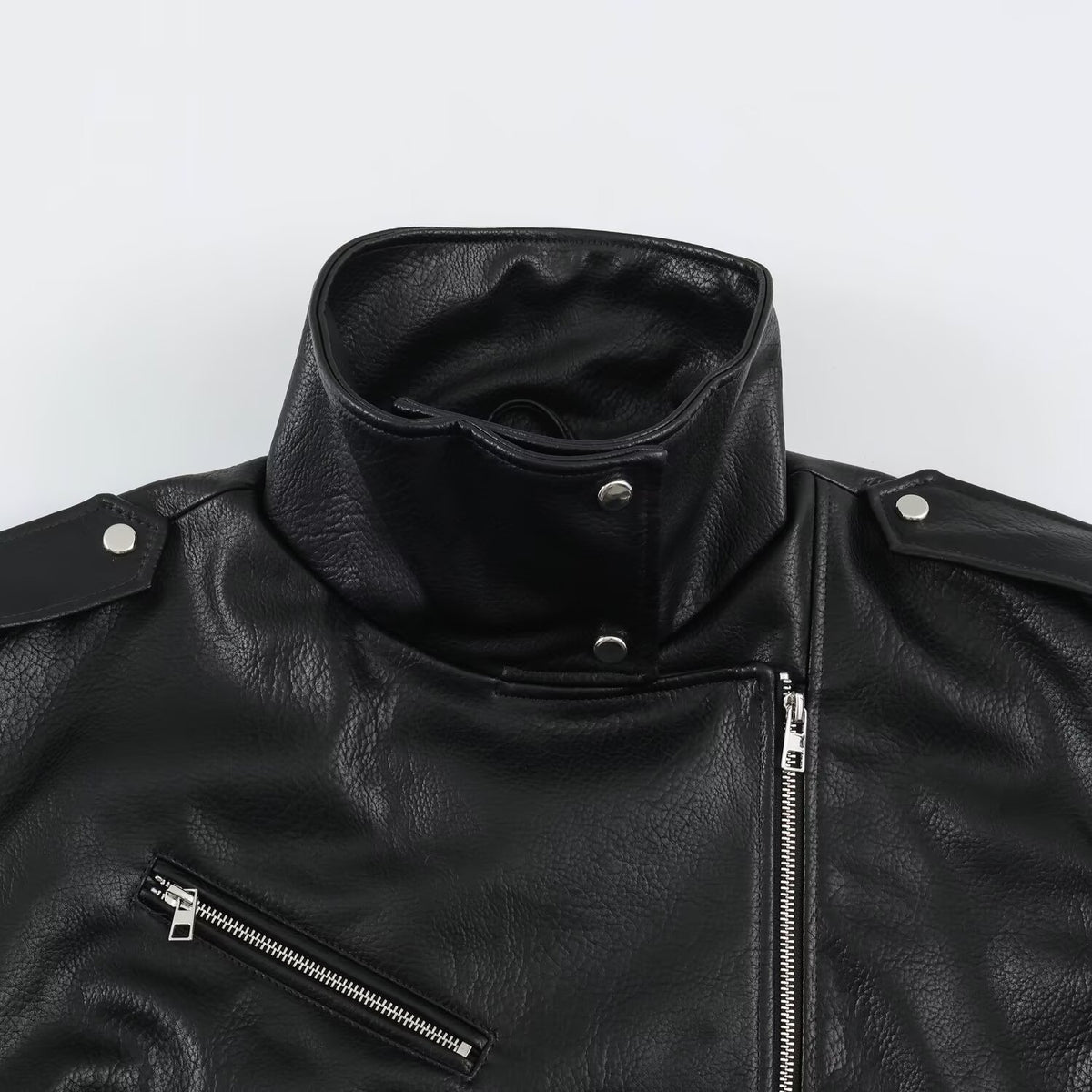 Leather motorcycle jacket with waistband