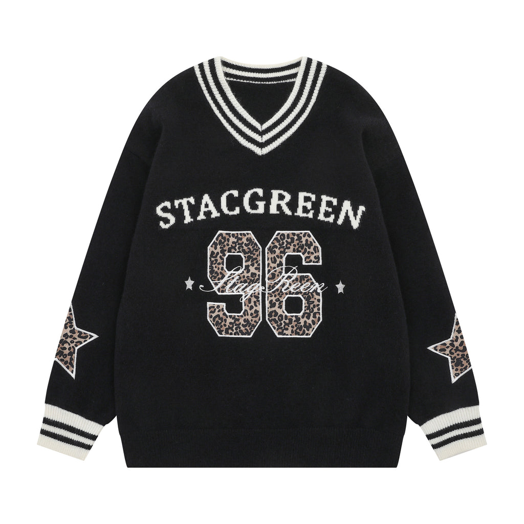 Striped V-neck letter jacquard sweater