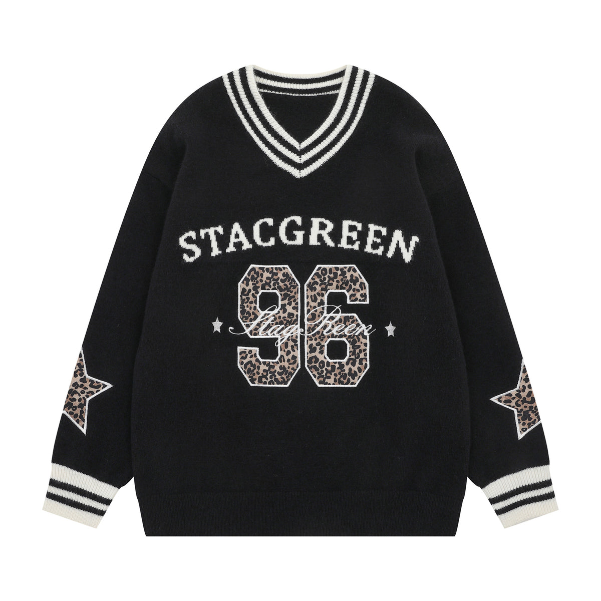 Striped V-neck letter jacquard sweater