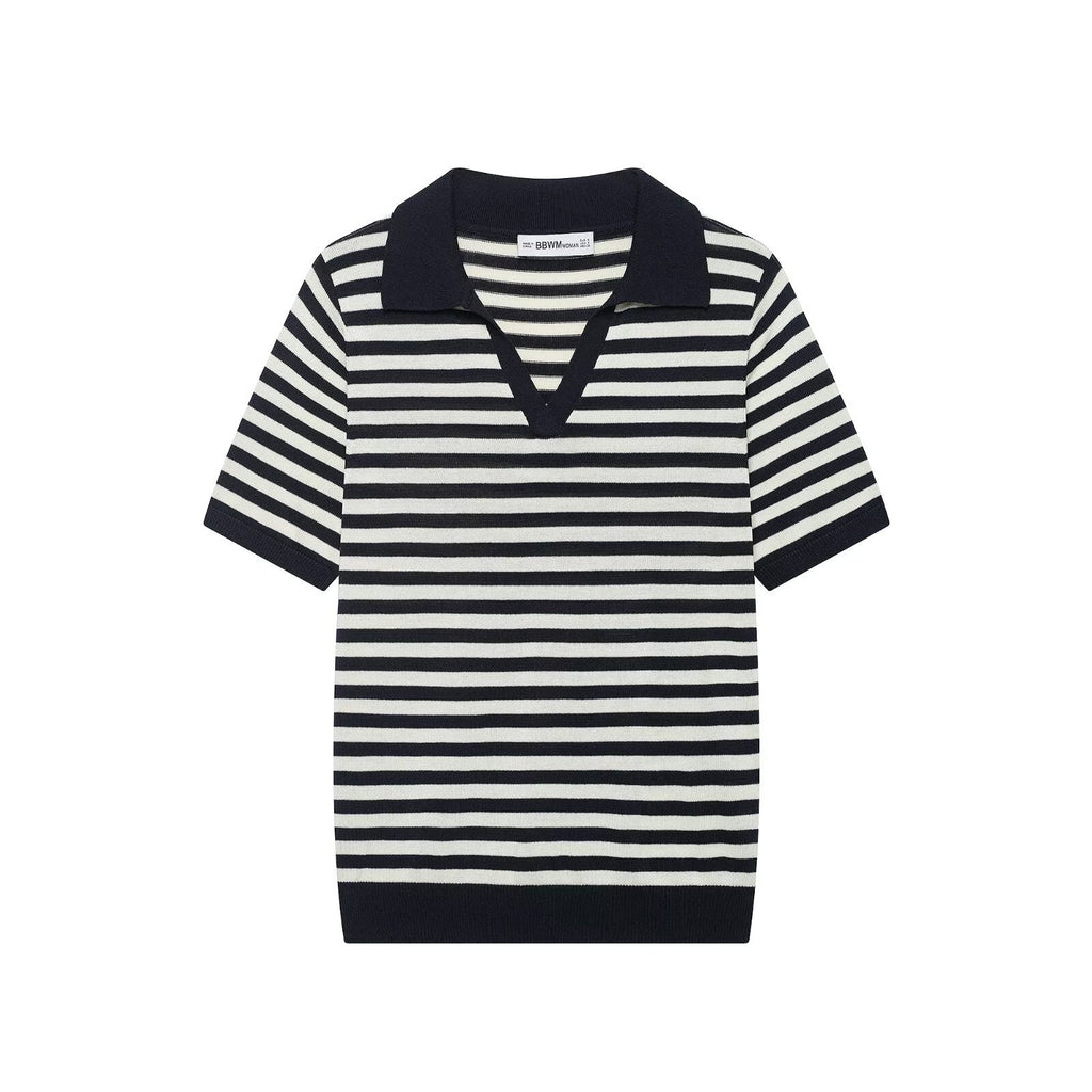 Casual slim fit lapel short sleeved striped knitted sweater for women