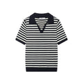 Casual slim fit lapel short sleeved striped knitted sweater for women