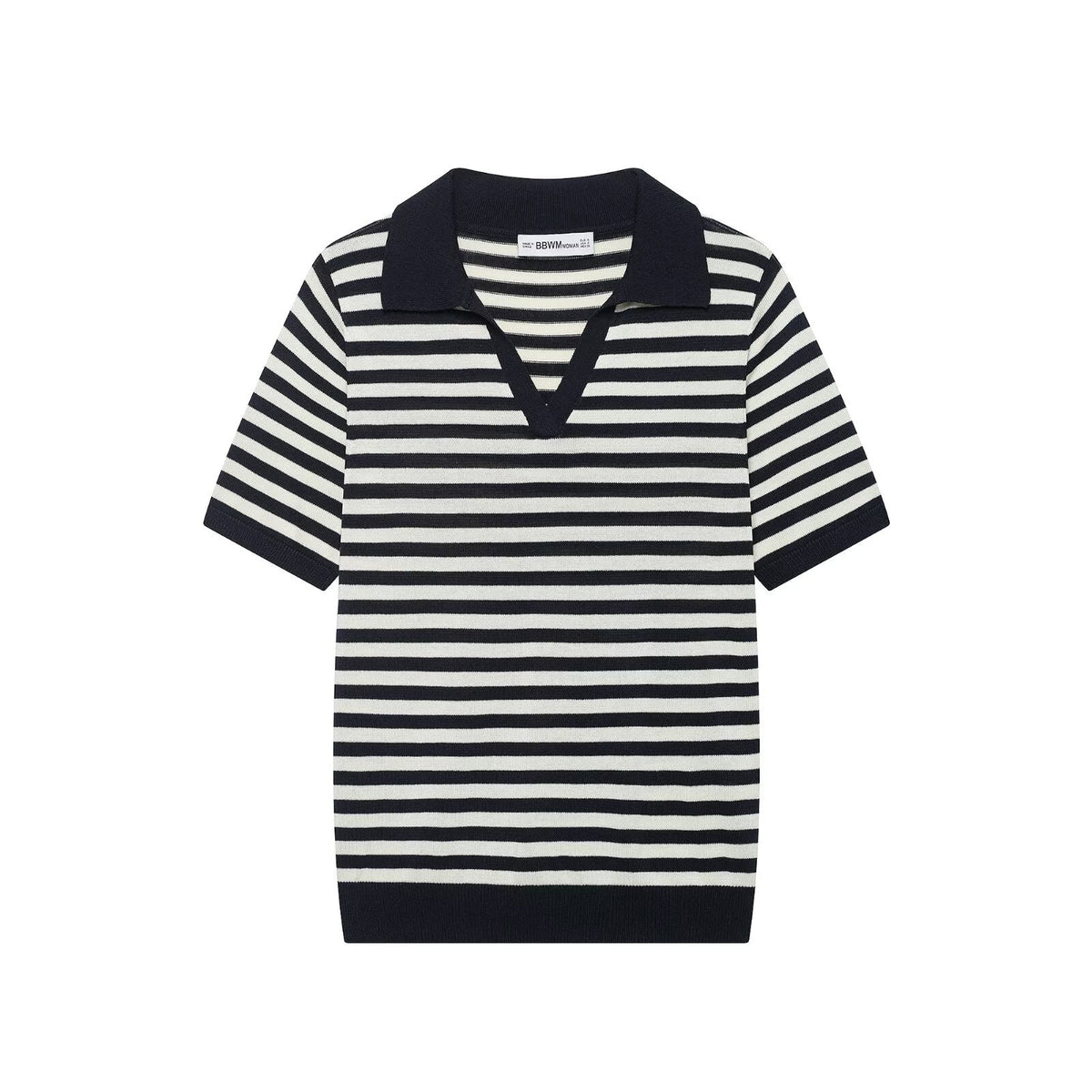 Casual slim fit lapel short sleeved striped knitted sweater for women