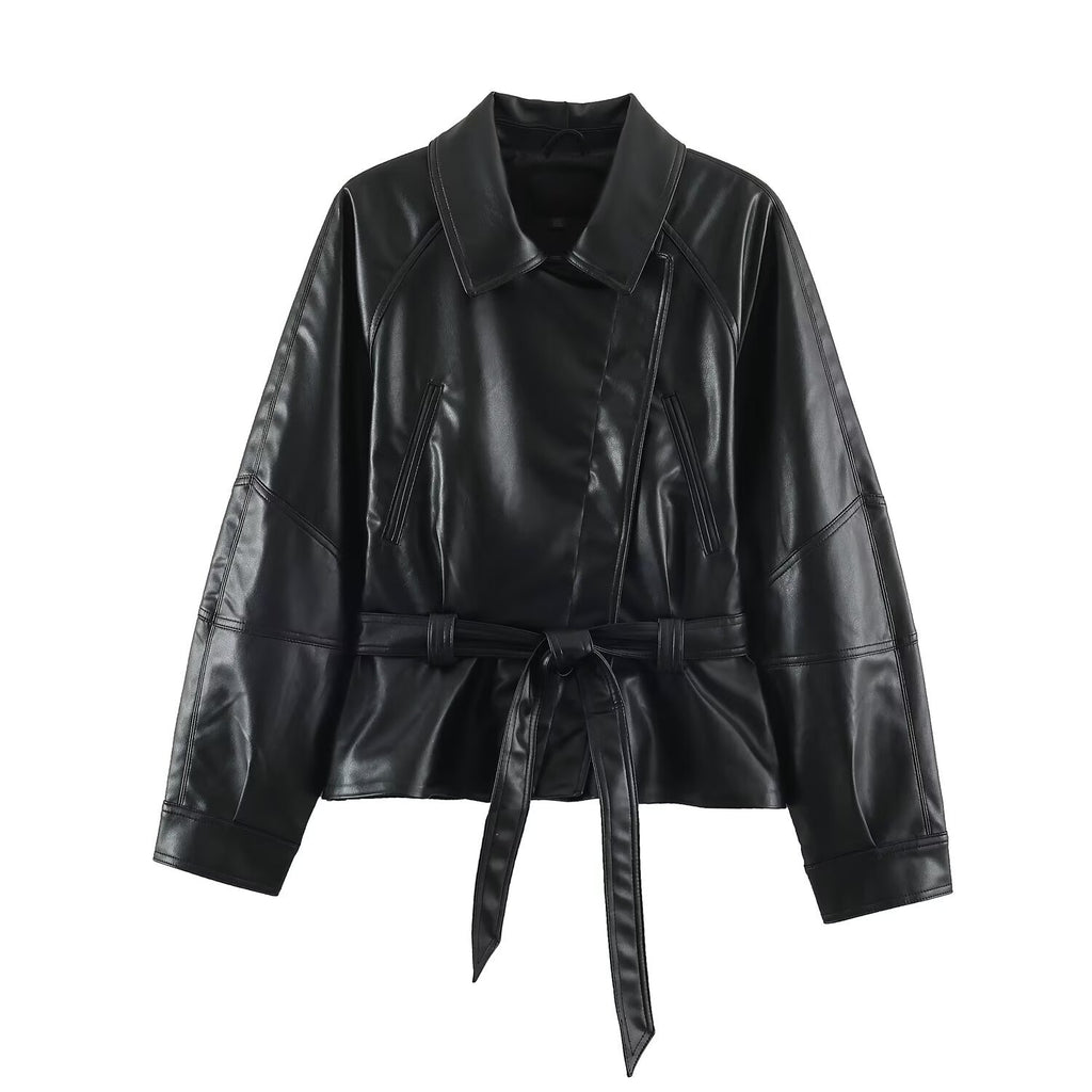 Leather motorcycle jacket with waistband