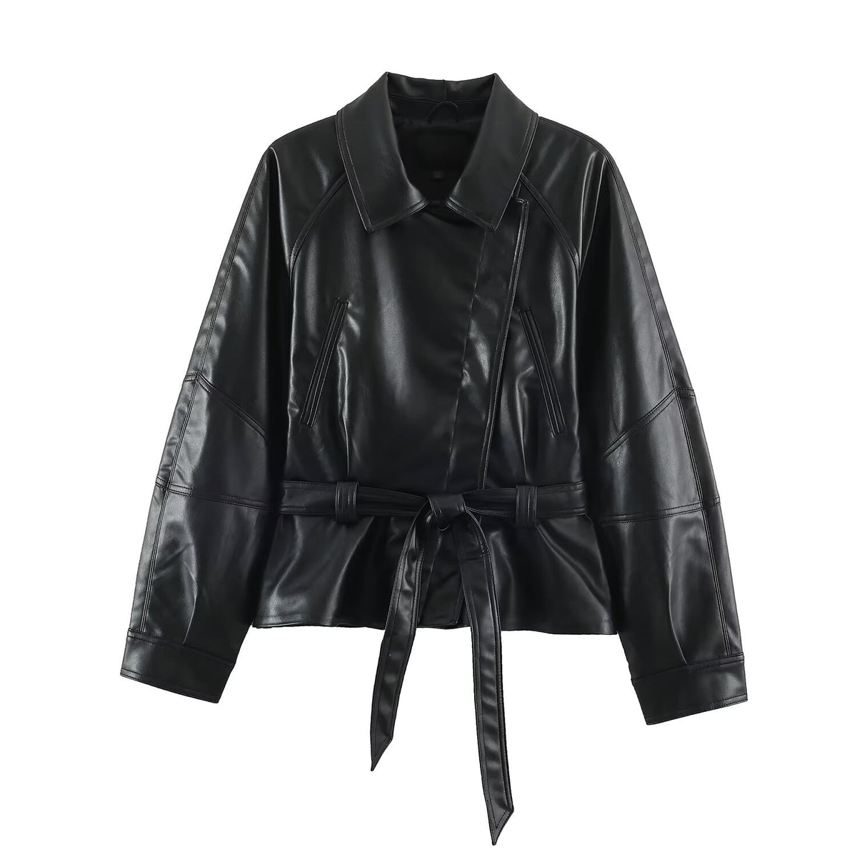 Leather motorcycle jacket with waistband