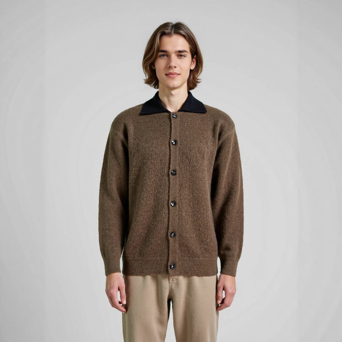 Flip collar contrasting cardigan sweater