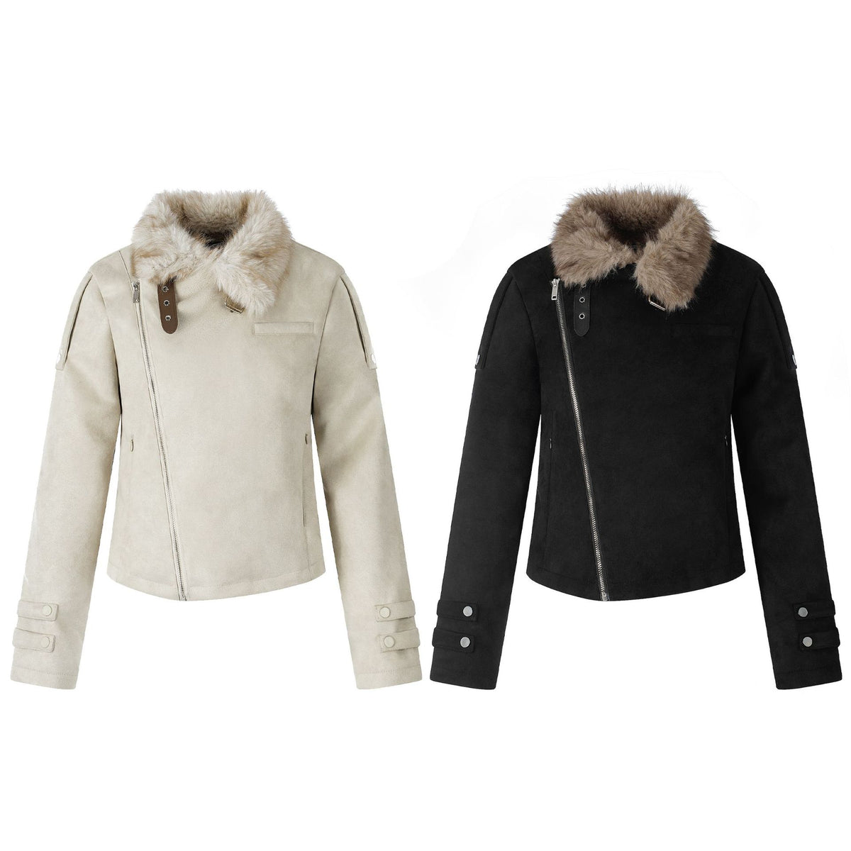 Casual Suede Jacket with Diagonal Zipper and Plush Collar, Cropped Fleece-Lined Biker Coat