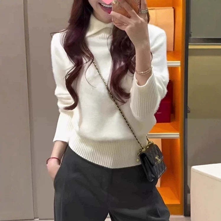 Women's Lapel Collar Long Sleeve Soft Faux Mink Knit Sweater
