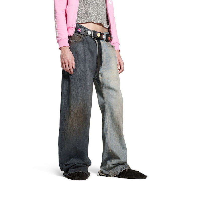 Straight Jeans Asymmetric Color Block Vintage Wide Leg Jeans Men