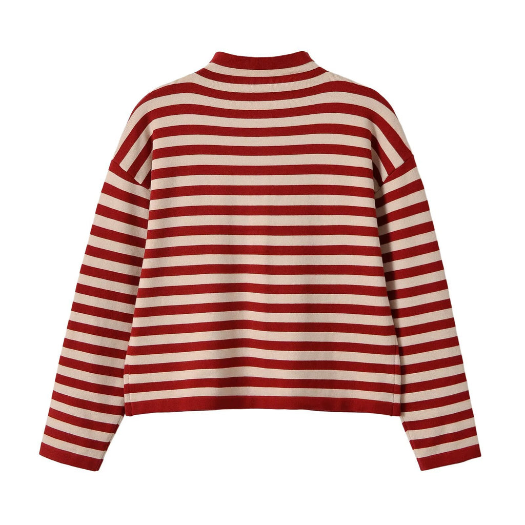 Button up stand up collar long sleeved striped knitted sweater for women