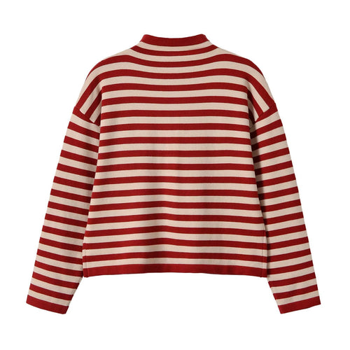 Button up stand up collar long sleeved striped knitted sweater for women