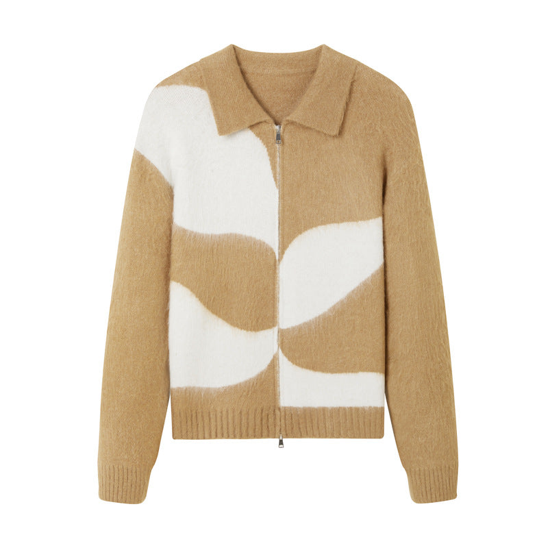 Color blocked lapel long sleeved sweater