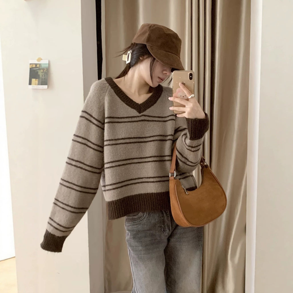 Relaxed Fit Drop Shoulder Color Block Stripe Long Sleeve V-Neck Pullover Sweater