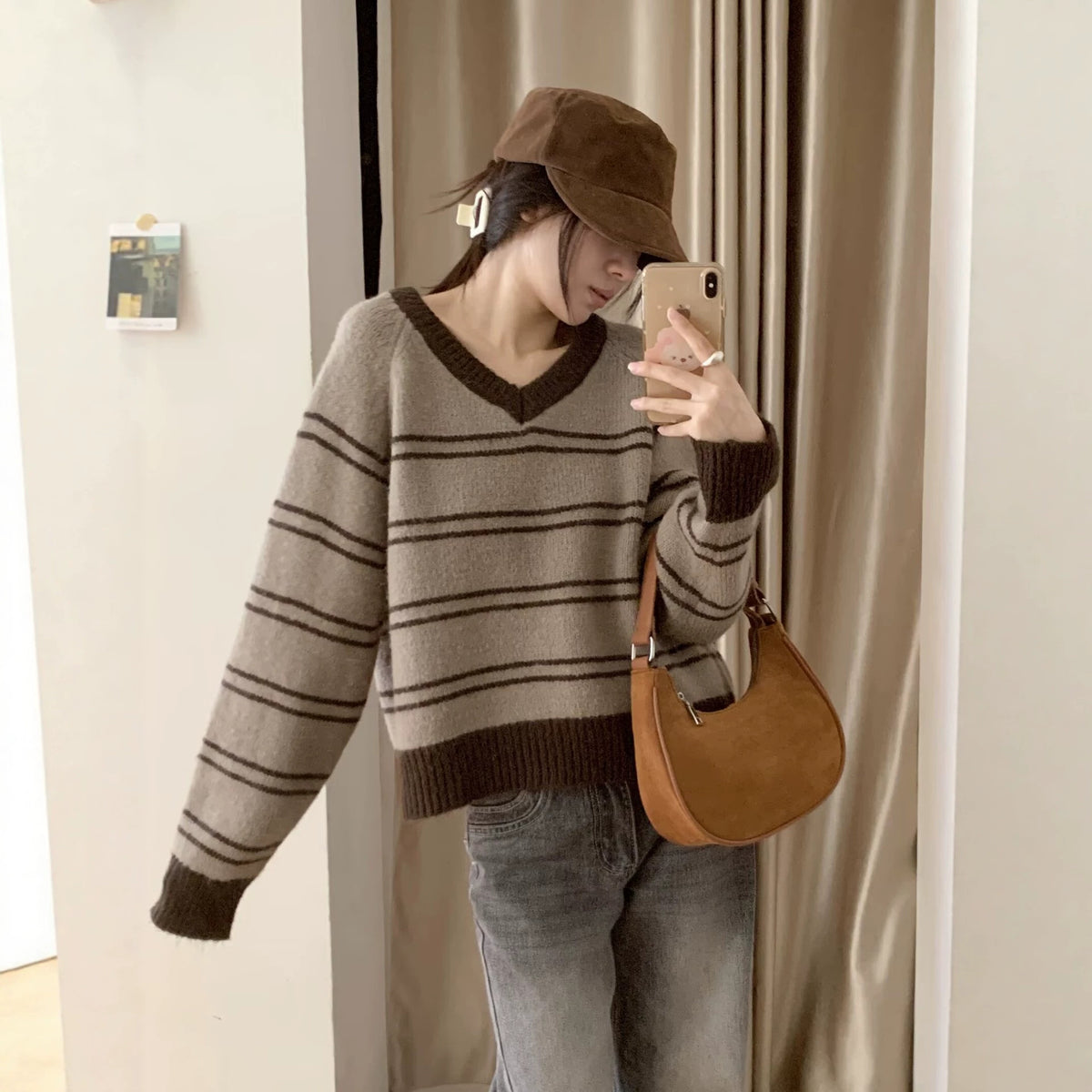 Relaxed Fit Drop Shoulder Color Block Stripe Long Sleeve V-Neck Pullover Sweater