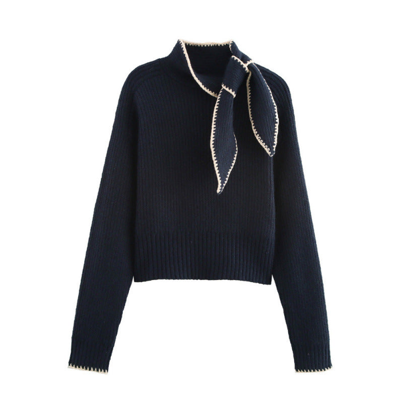 Casual bow tie tie tied long sleeved knitted sweater