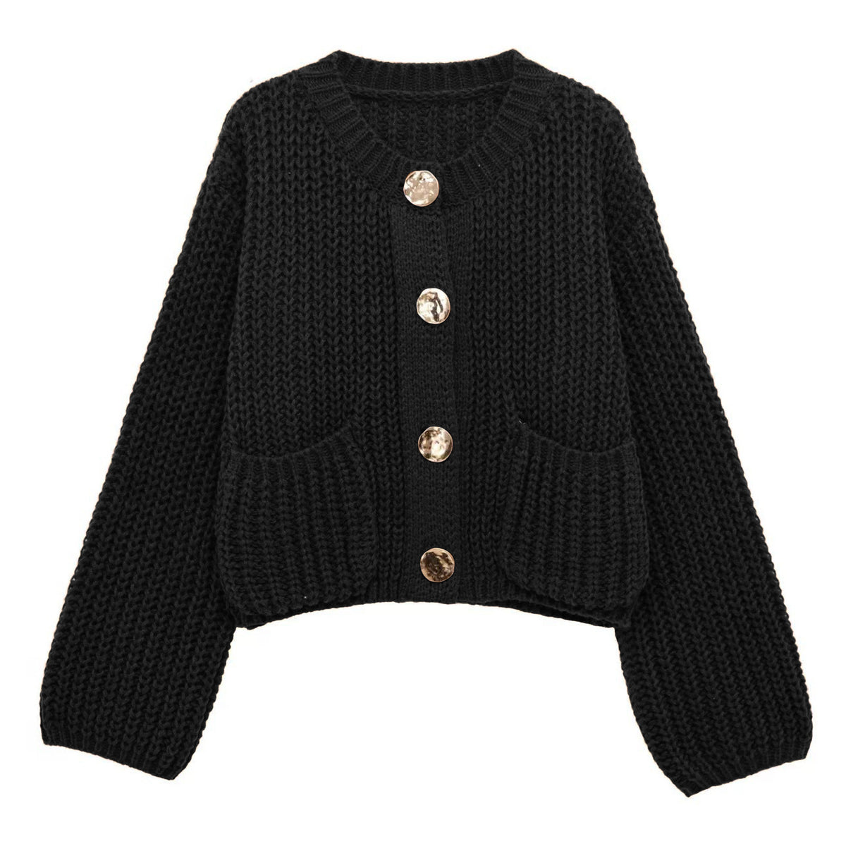 Women's Plain Color Round Neck Knit Cardigan Coat, Loose Casual Long Sleeve Sweater Top