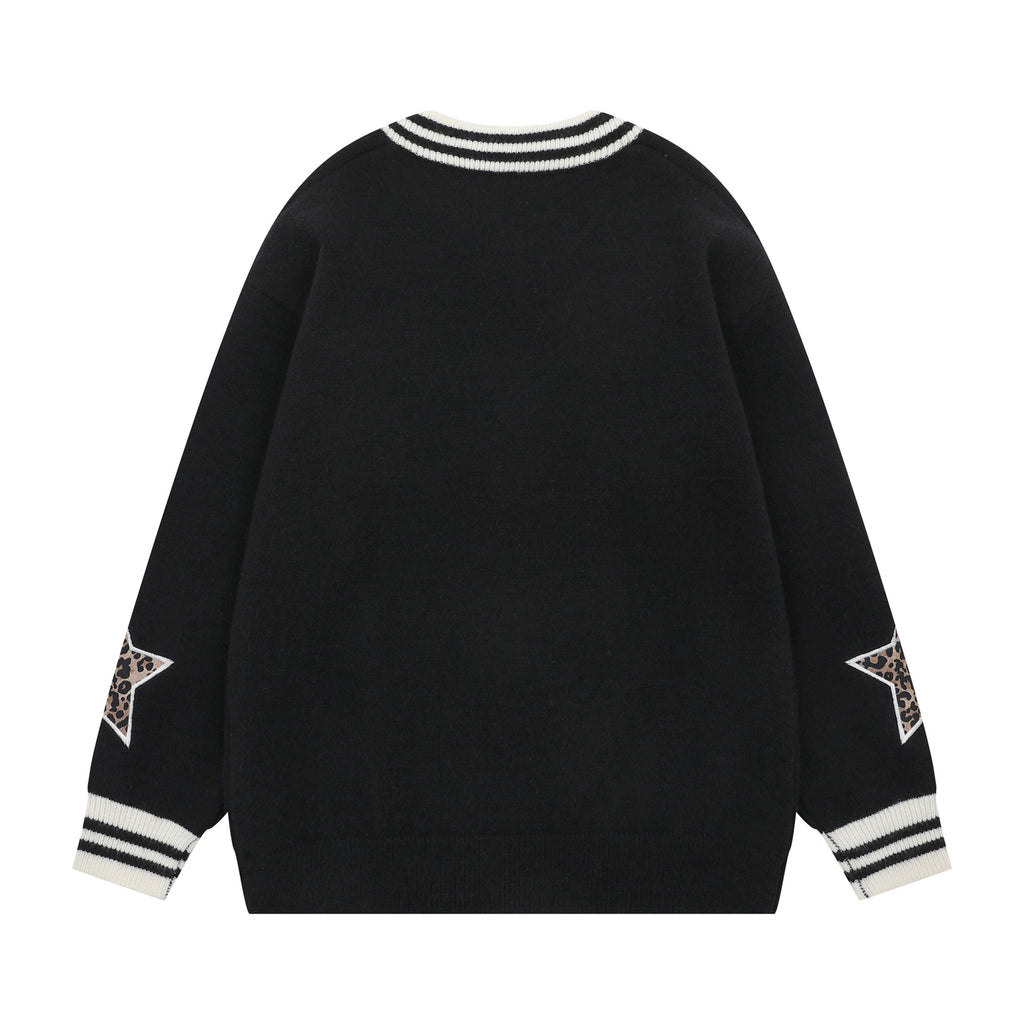 Striped V-neck letter jacquard sweater