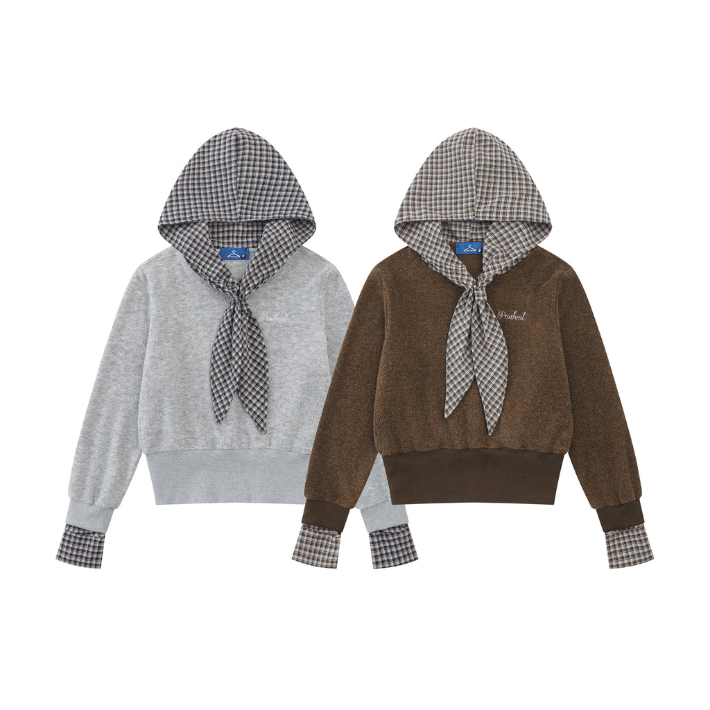 Plaid Patchwork Cropped Long Sleeve Hooded Drawstring Fake Two-Piece Pullover Top