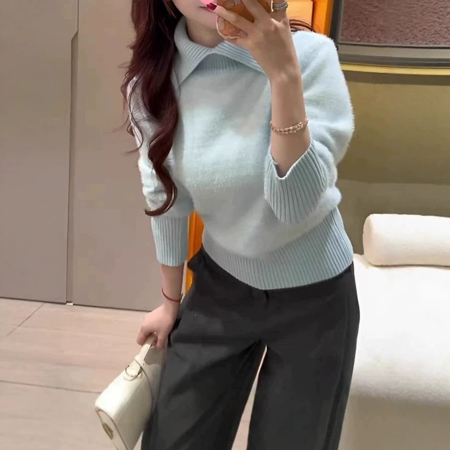 Women's Lapel Collar Long Sleeve Soft Faux Mink Knit Sweater