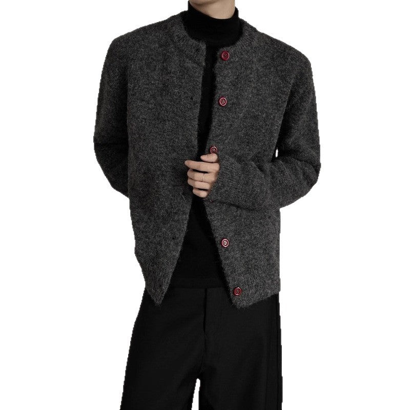 Men's Clean Fit Dark Gray Chanel-Style Short Open Front Knit Cardigan
