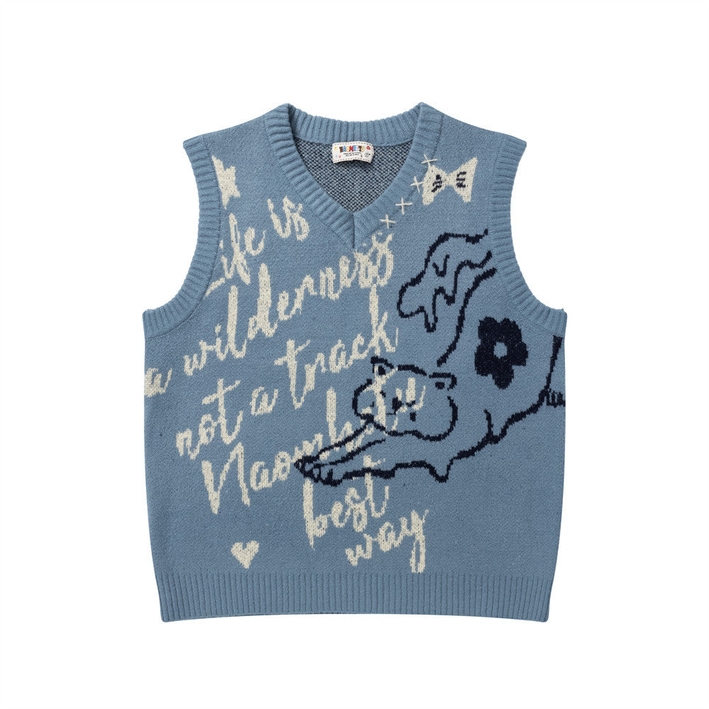 V-neck sleeveless wide shoulder sweater vest
