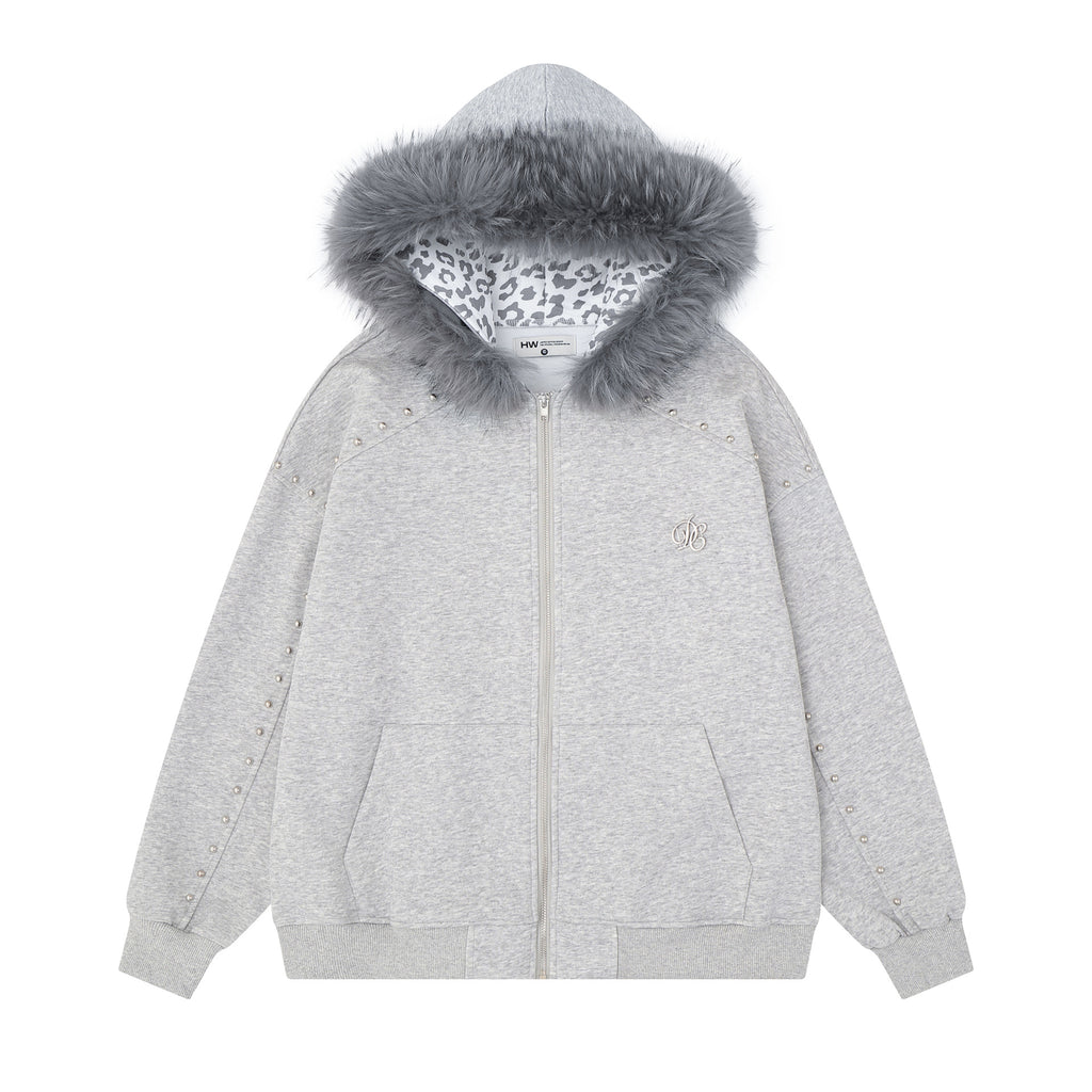 Oversized Hooded Zipper Sweatshirt with Faux Fur Trim, Leopard Print Lining