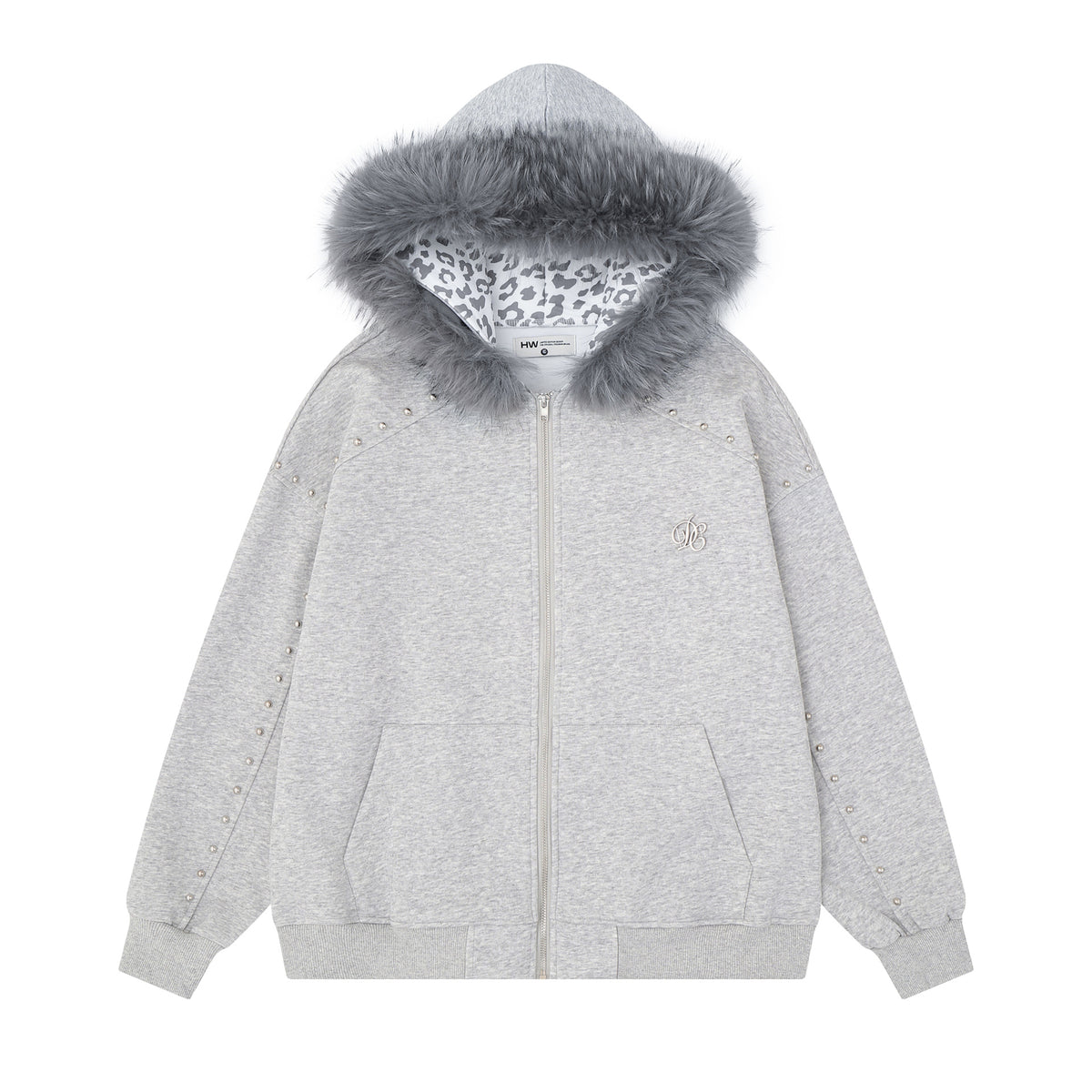 Oversized Hooded Zipper Sweatshirt with Faux Fur Trim, Leopard Print Lining