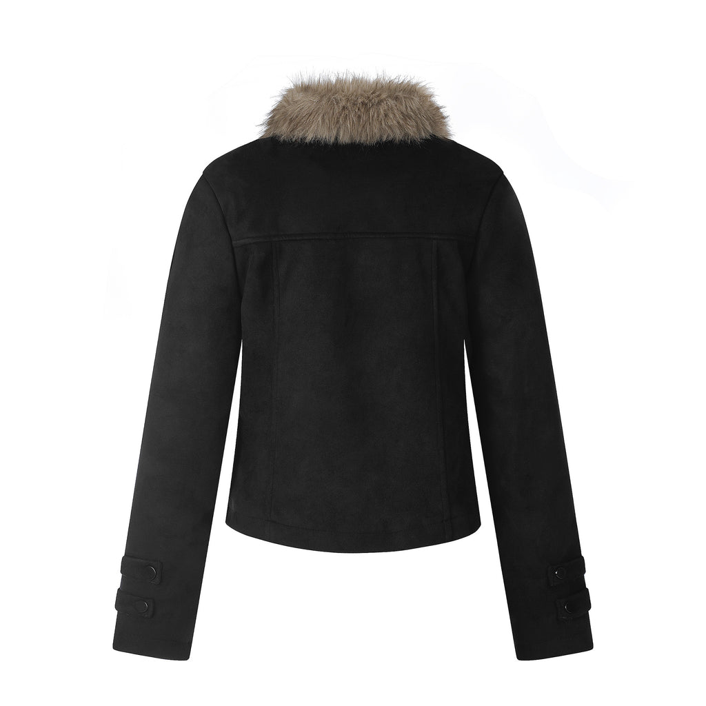 Casual Suede Jacket with Diagonal Zipper and Plush Collar, Cropped Fleece-Lined Biker Coat
