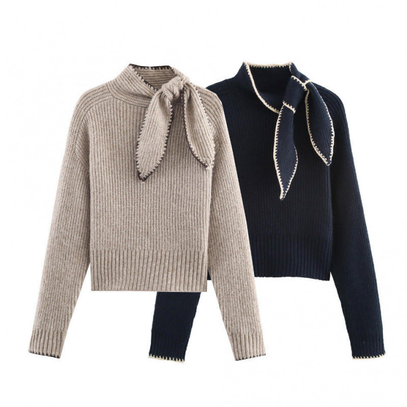 Casual bow tie tie tied long sleeved knitted sweater