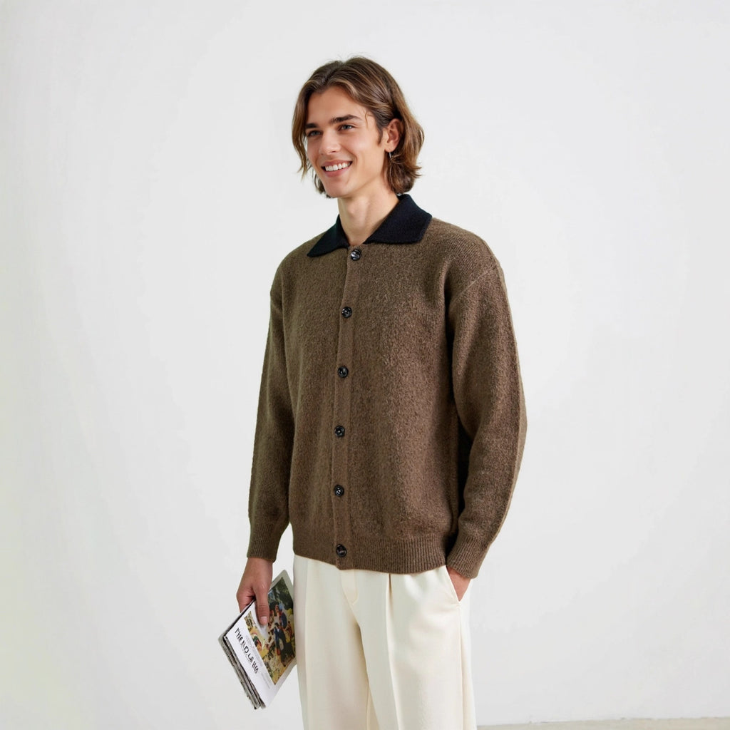 Flip collar contrasting cardigan sweater