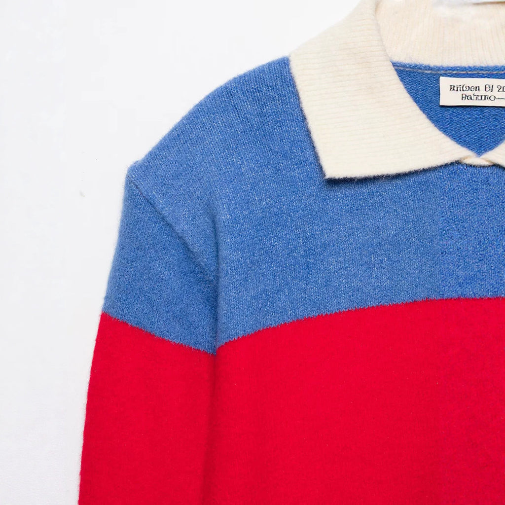 Loose striped shoulder pad contrasting POLO collar knitted sweater for women