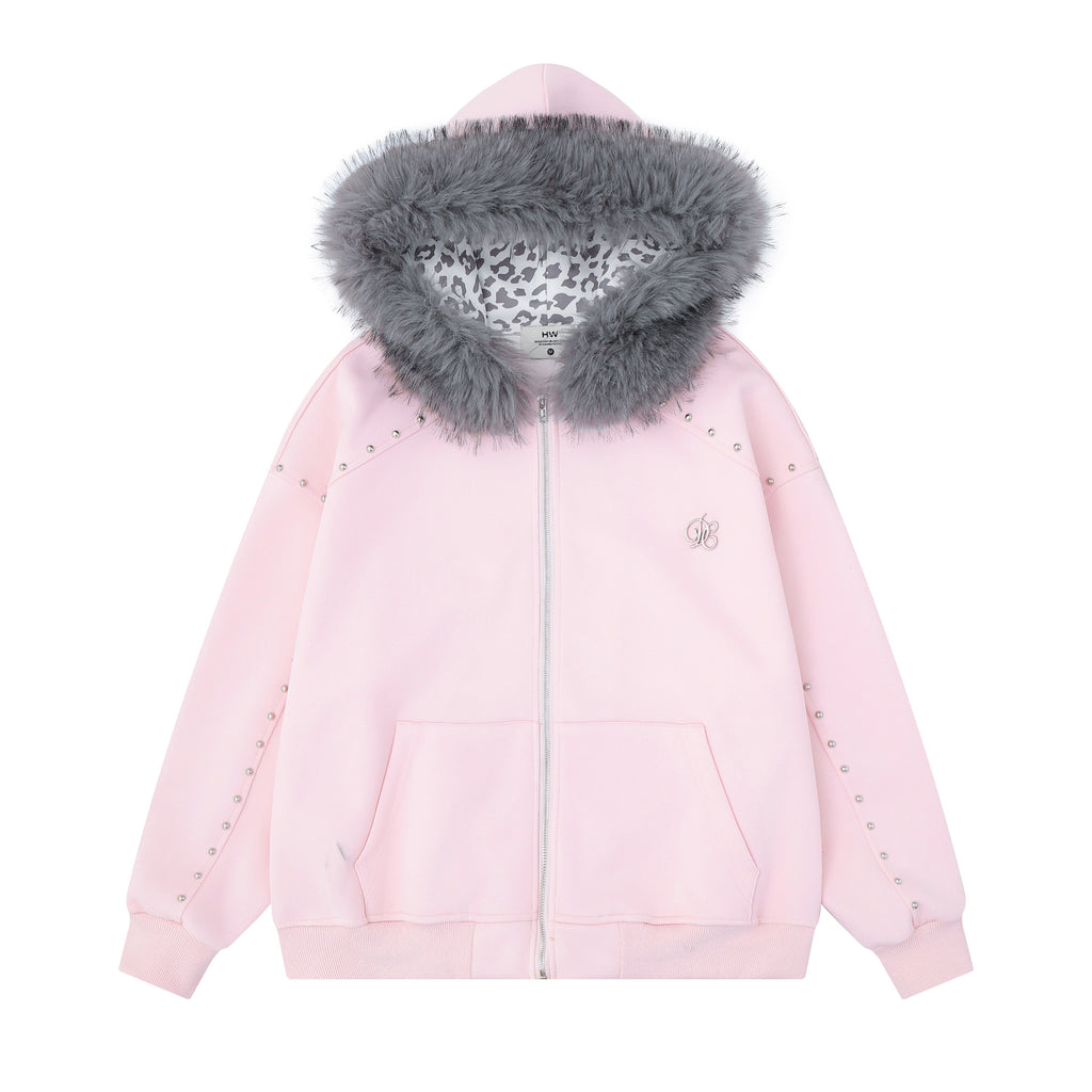 Oversized Hooded Zipper Sweatshirt with Faux Fur Trim, Leopard Print Lining