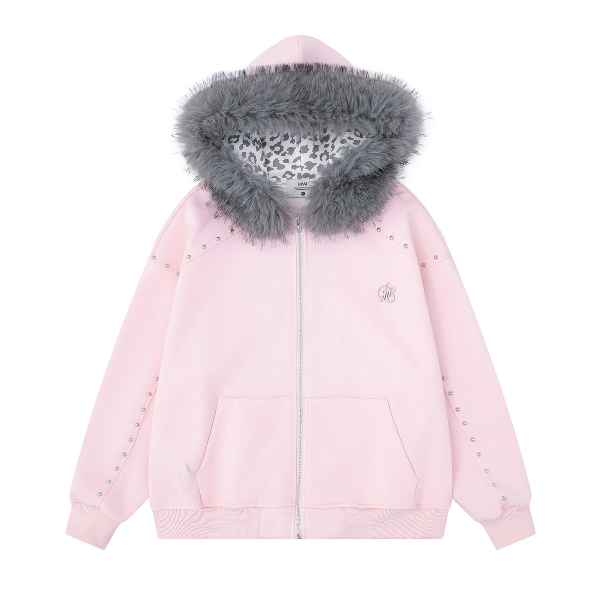 Oversized Hooded Zipper Sweatshirt with Faux Fur Trim, Leopard Print Lining