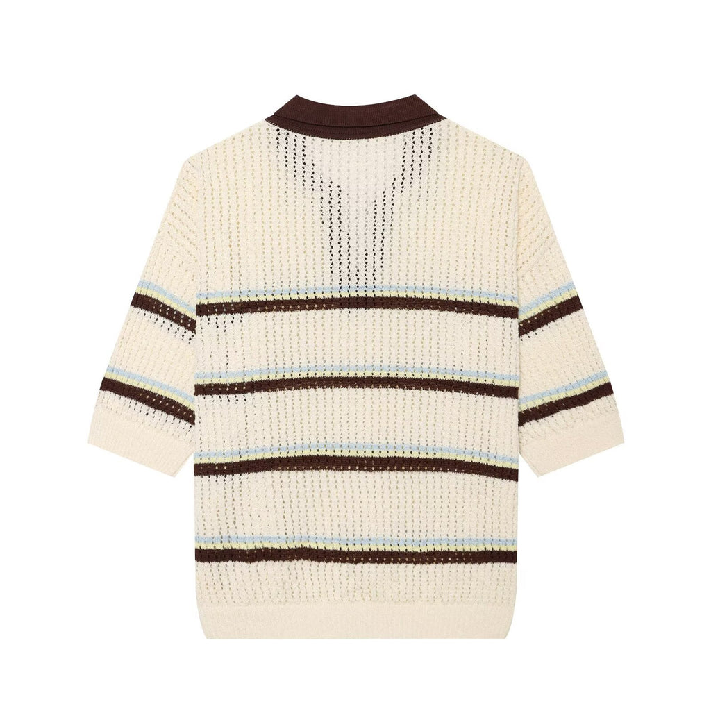 Short sleeved contrasting lapel striped knit sweater for women