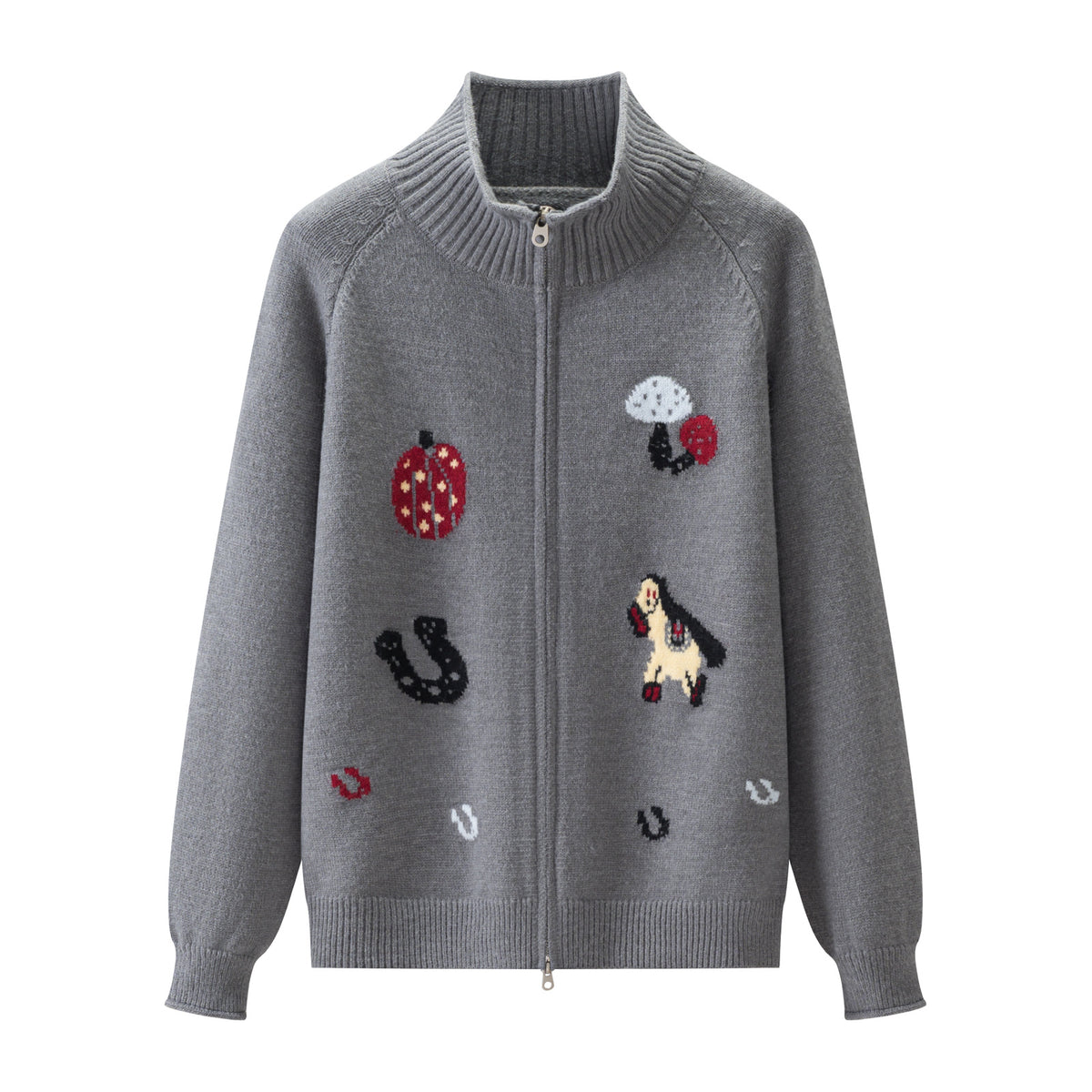 Jacquard Mock Neck Knit Zipper Cardigan