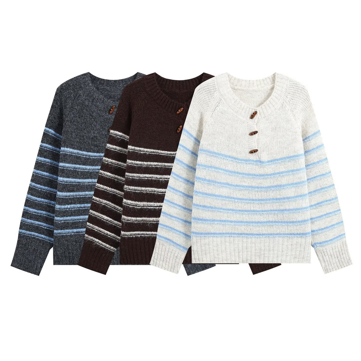 Half open round neck long sleeved striped knitted sweater for women
